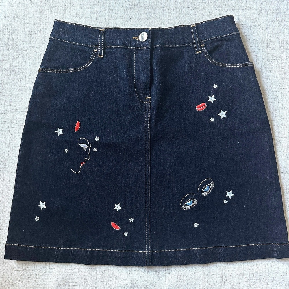 Vivetta Whimsical Denim Mini Skirt | Embroidered Eyes Lips‎ & Stars | Size 38